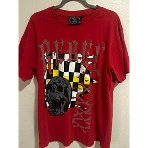 Rebel Vengeance Shirt Mens XL Red Rhinestone Skull Checkered Graphic Tee Y2